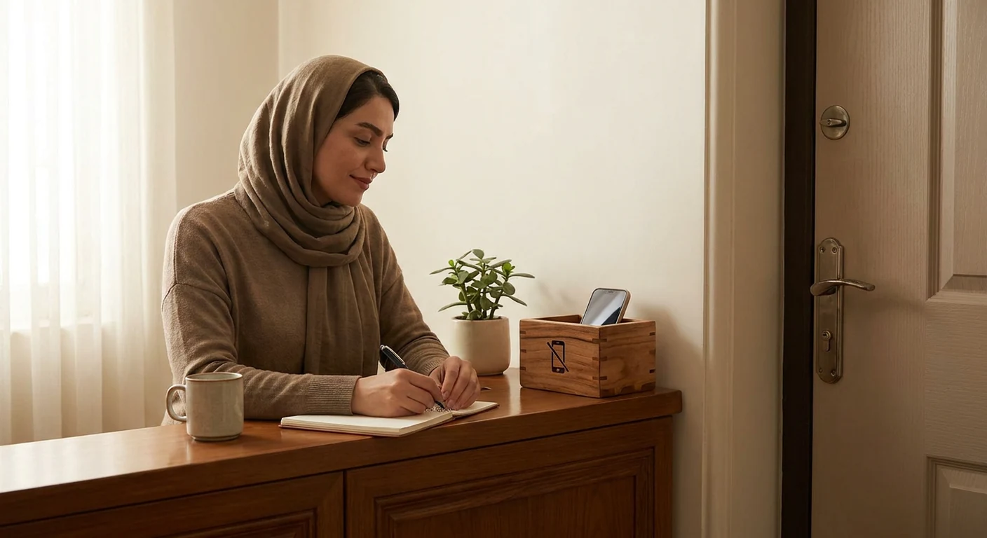یک جعبه چوبی زیبا روی میز ورودی خانه که یک گوشی هوشمند داخل آن قرار گرفته و نماد منطقه بدون گوشی است.