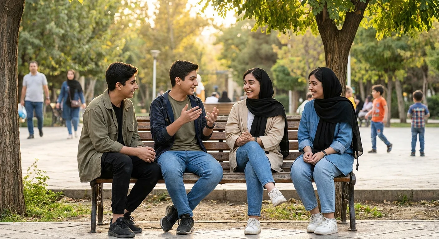 گروهی از نوجوانان با چهرههای شاد و متنوع در یک فضای باز با هم صحبت میکنند و میخندند، نمادی از روابط مثبت همسالان.