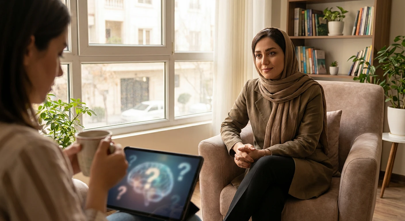 تصویرسازی مفهومی از مغز انسان که در میان مه غلیظ عدم قطعیت قرار گرفته و مسیرهای عصبی آن به شکل علامت سوال‌های درخشان دیده می‌شوند.