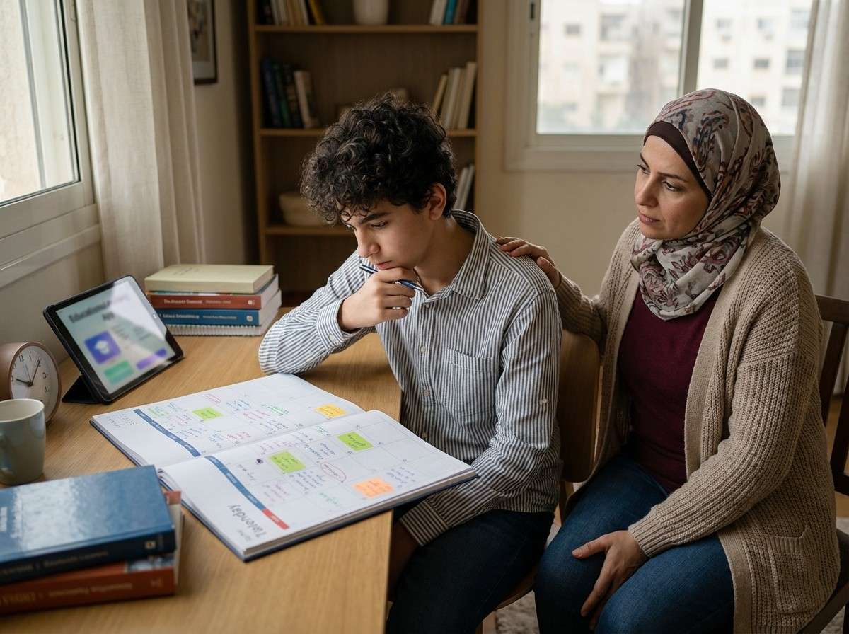 یک نوجوان در حال برنامه‌ریزی درسی روی یک تقویم رومیزی با تمرکز.