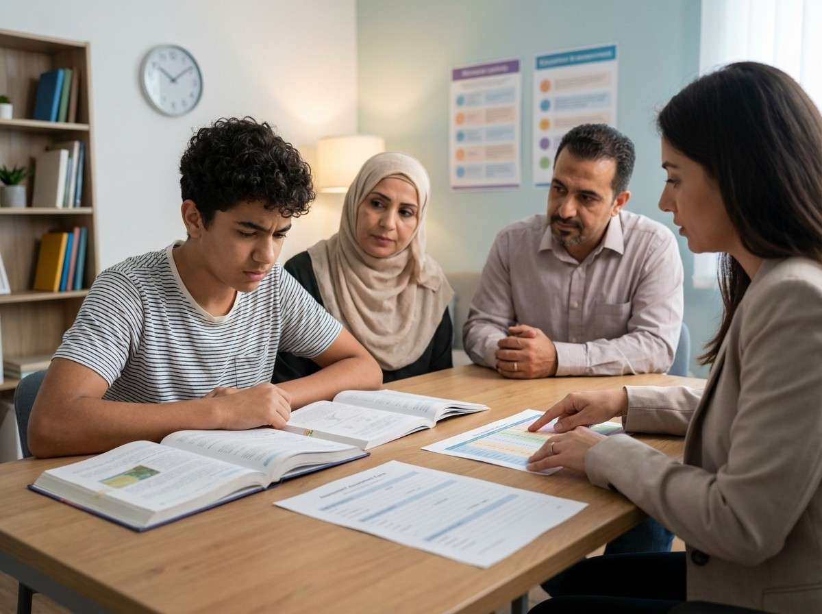 دانش‌آموزی که با استرس و نگرانی به کتاب‌های روی میزش نگاه می‌کند.