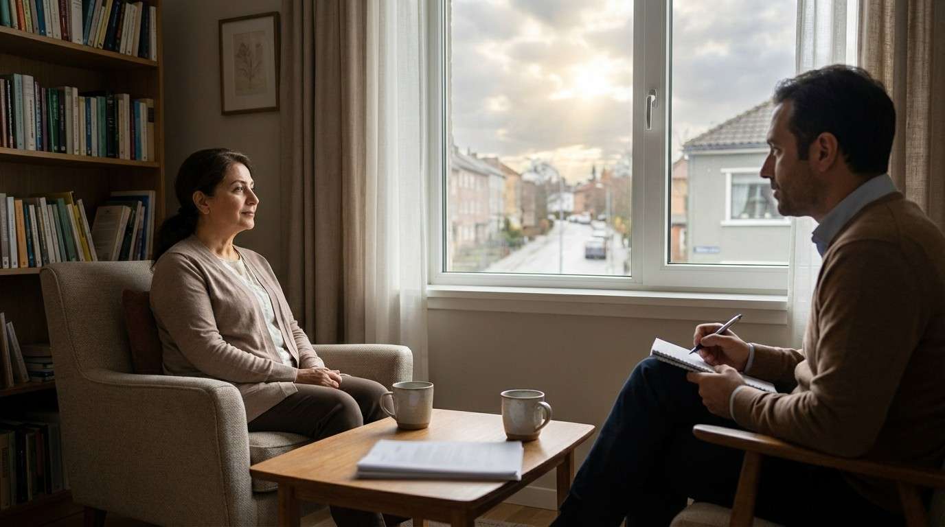 فردی که از زیر ابرهای تیره به سمت آسمان آفتابی نگاه می‌کند، نماد امید و بازیابی آرامش در درمان اضطراب و افسردگی.