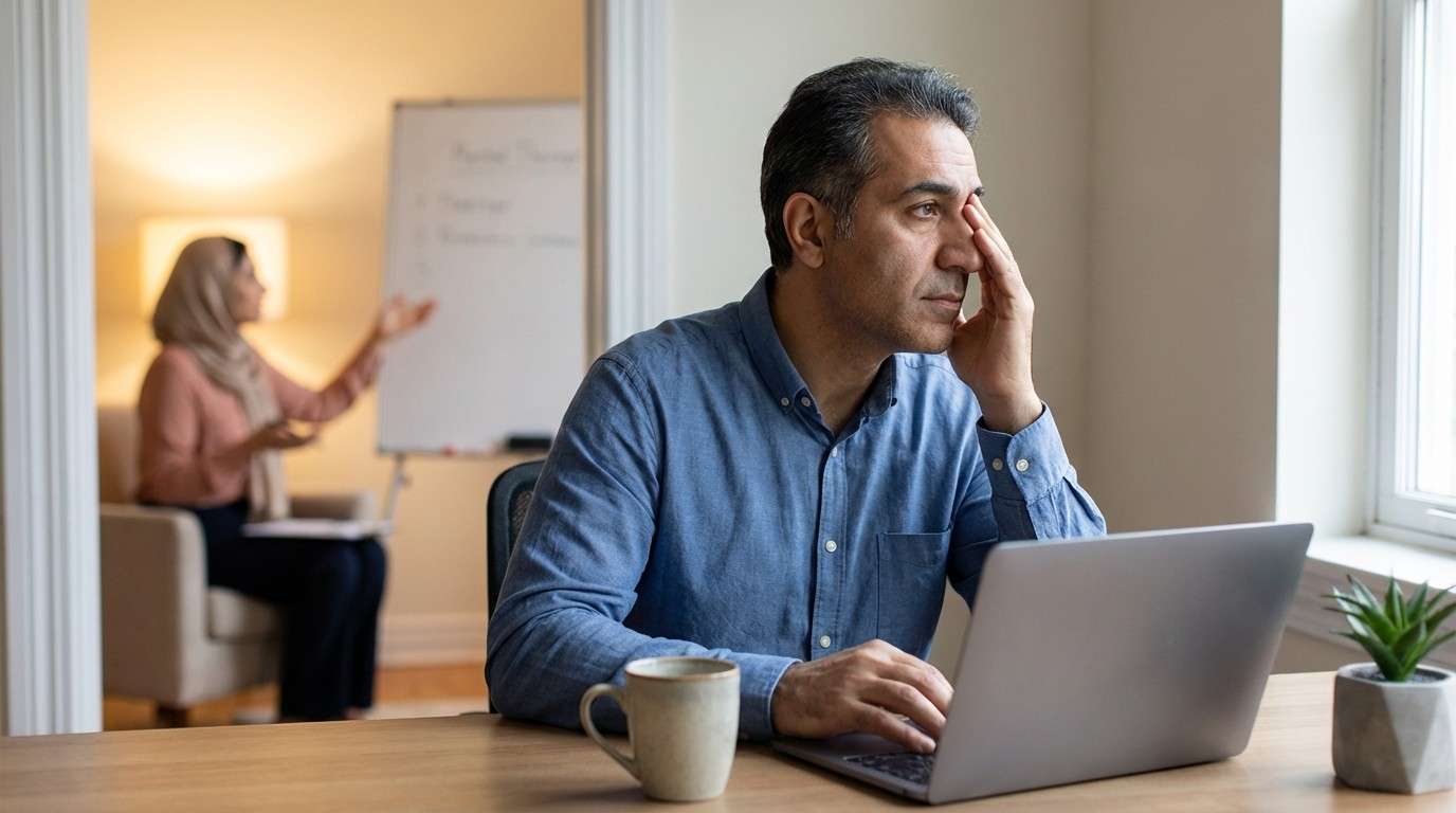 فردی که باتری انرژی‌اش در محیط کار خالی شده و به دنبال راهی برای شارژ مجدد و بازیابی تعادل است.