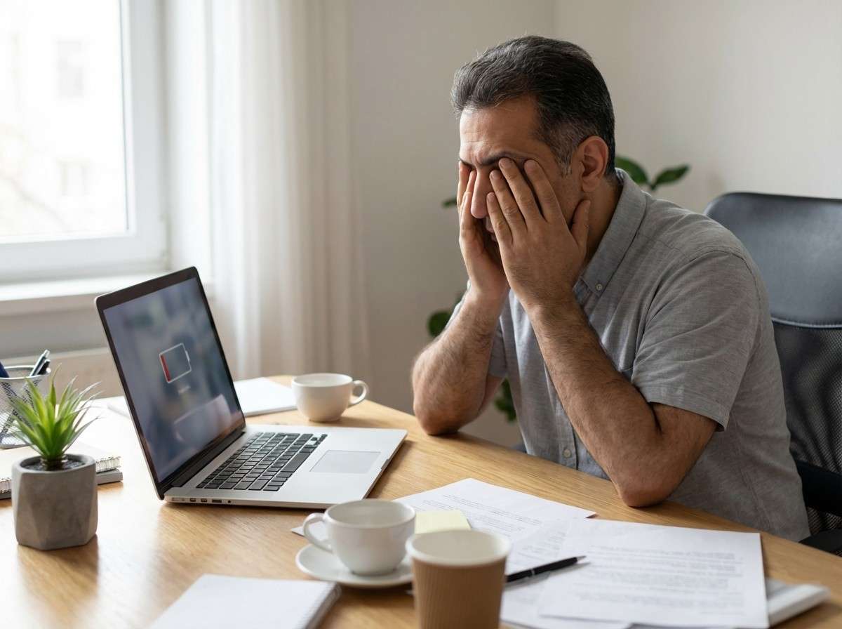 فردی که پشت میز کار نشسته و باتری انرژی او کاملاً خالی شده است.