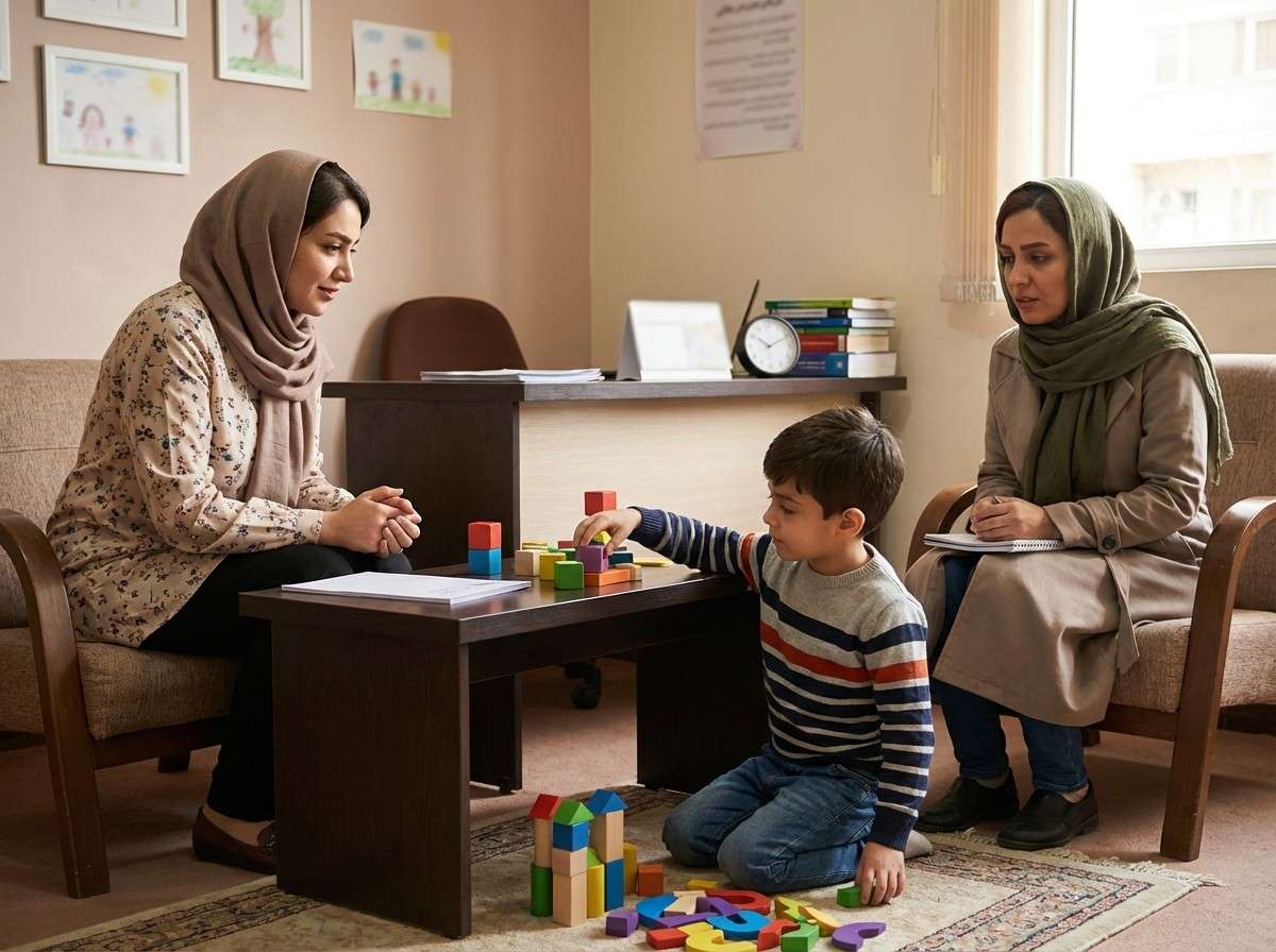 کودکی که در اتاق مشاوره در حال بازی با اسباب بازی های رنگی است