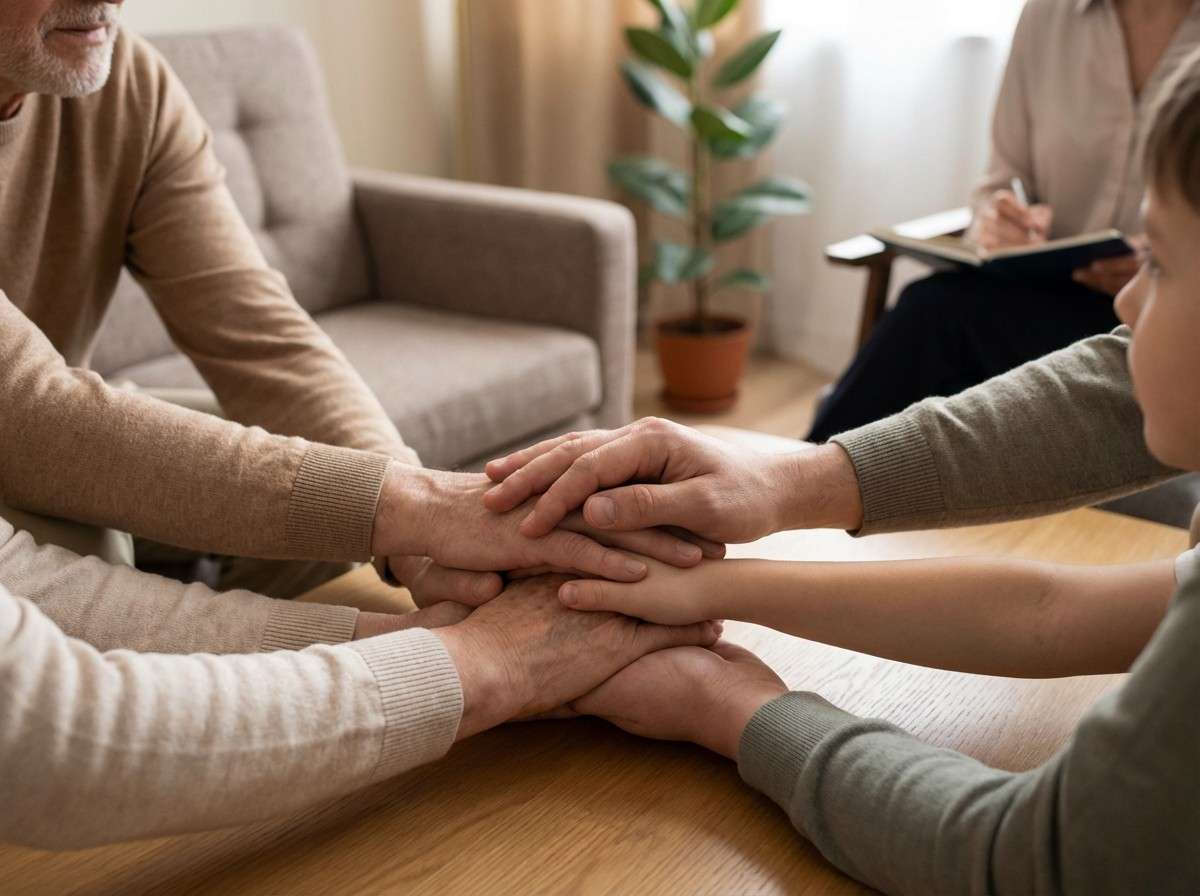 چندین دست از سنین مختلف که روی هم قرار گرفته‌اند، نمادی از اتحاد، حمایت و کار تیمی در خانواده.