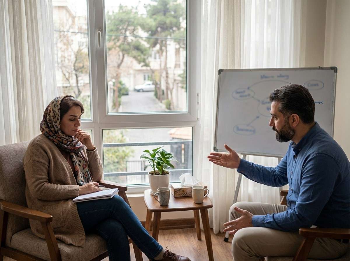 فردی که با راهنمایی یک درمانگر در حال برداشتن یک قدم کوچک به سمت یک مسیر جدید است، نماد درمان تدریجی و حمایتی.