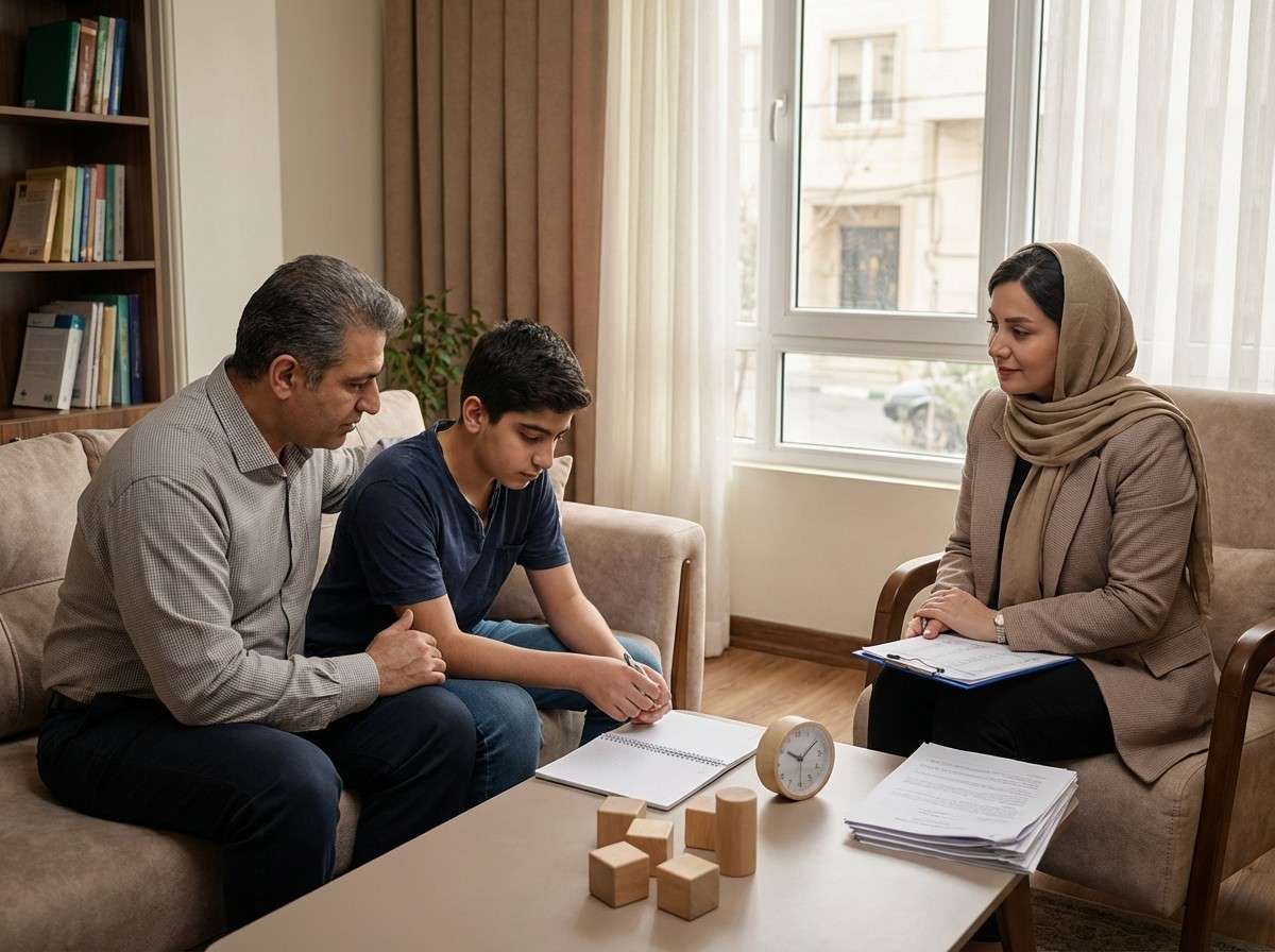 والدینی که با آرامش در کنار فرزندشان نشسته‌اند و با او گفتگو می‌کنند.