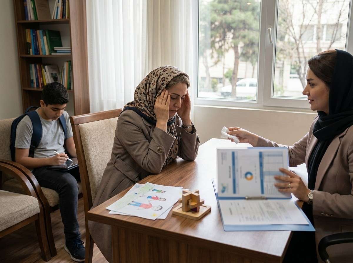 یک والد خسته و مستاصل که سرش را در دستانش گرفته است.