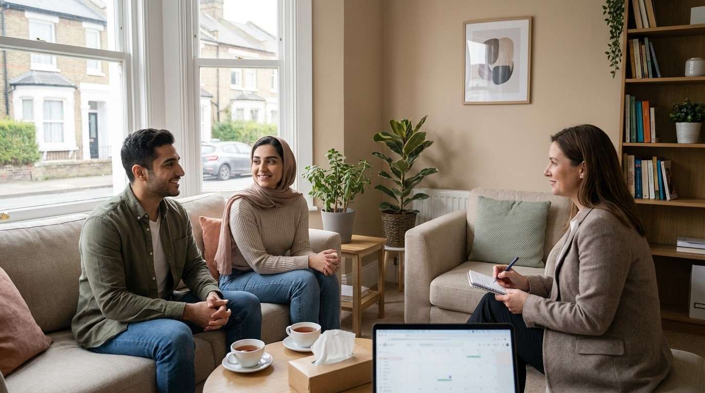 زوج جوانی که با لبخند و اطمینان به آینده نگاه می‌کنند، نمادی از آمادگی برای ازدواج پس از مشاوره.