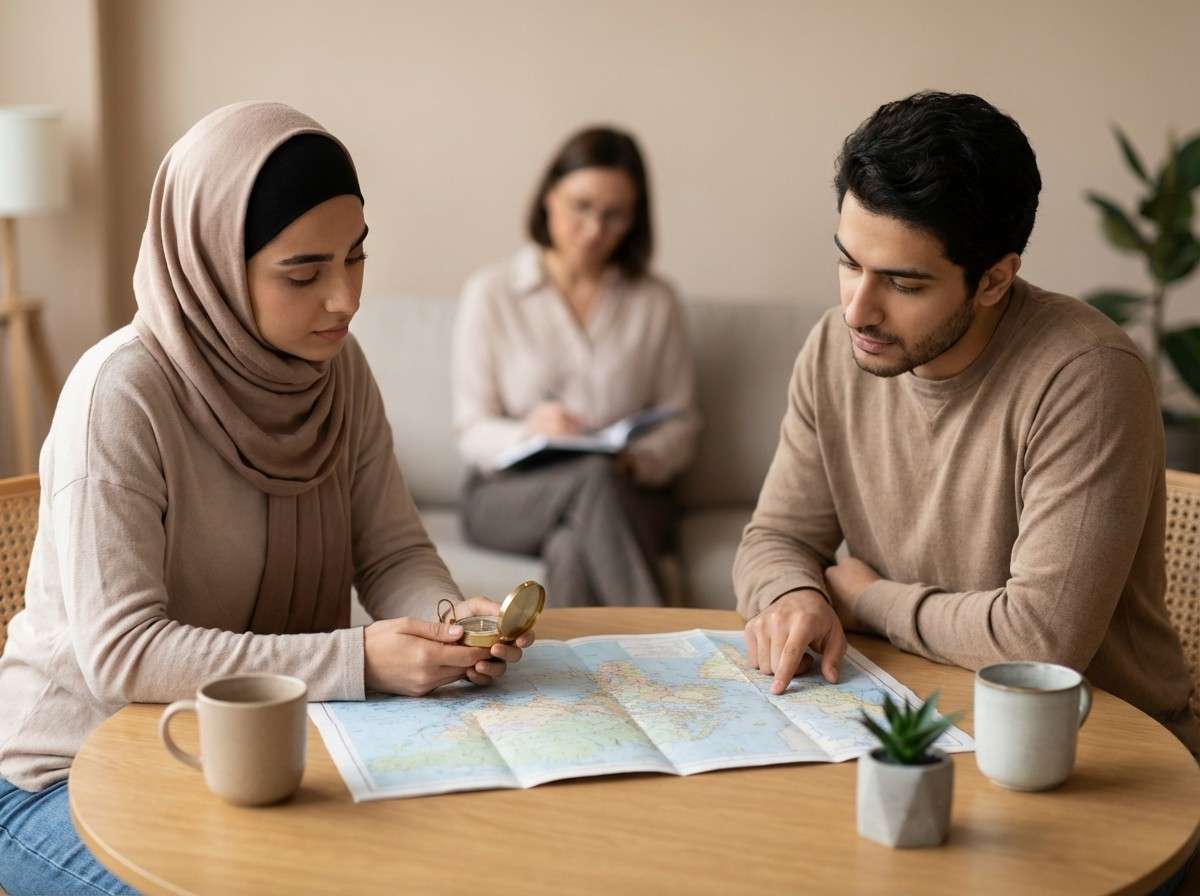 زوج جوانی که با یک قطب‌نما و نقشه در حال مسیریابی هستند، نمادی از برنامه‌ریزی برای آینده مشترک.