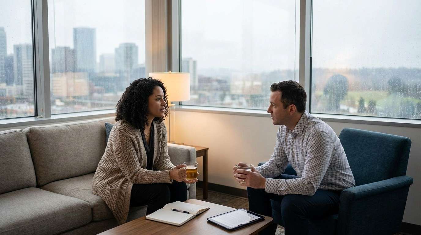 تصویری از یک پناهگاه امن و آرام در میان یک منظره طوفانی، نماد بازسازی احساس امنیت پس از تروما.