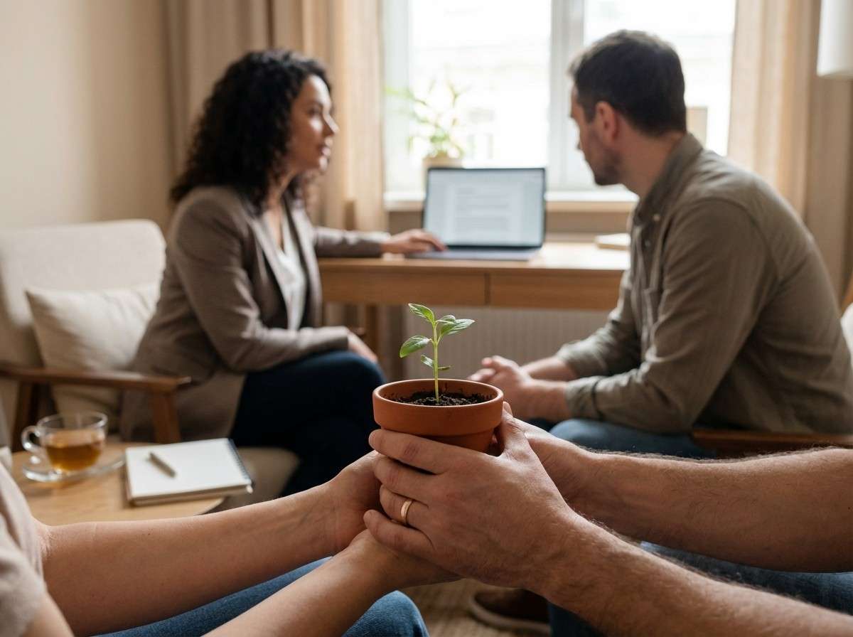 دو دست که با ملایمت یک جوانه کوچک گیاه را در خود گرفته‌اند، نماد مراقبت و حمایت در فرآیند درمانی.